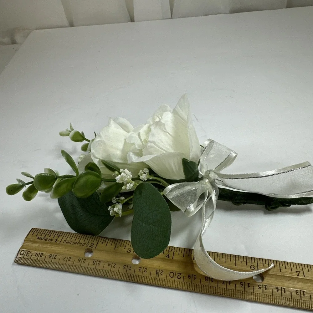Corsage and Boutonniere Set Cream Ivory Roses Baby's Breath Greenery Handmade